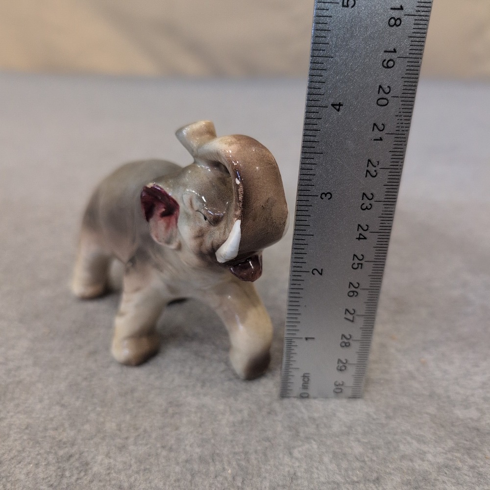 Vintage Ceramic Elephant Figurine Trunk Up Good Luck Glossy Grey Tan Painted - Picture 2 of 4